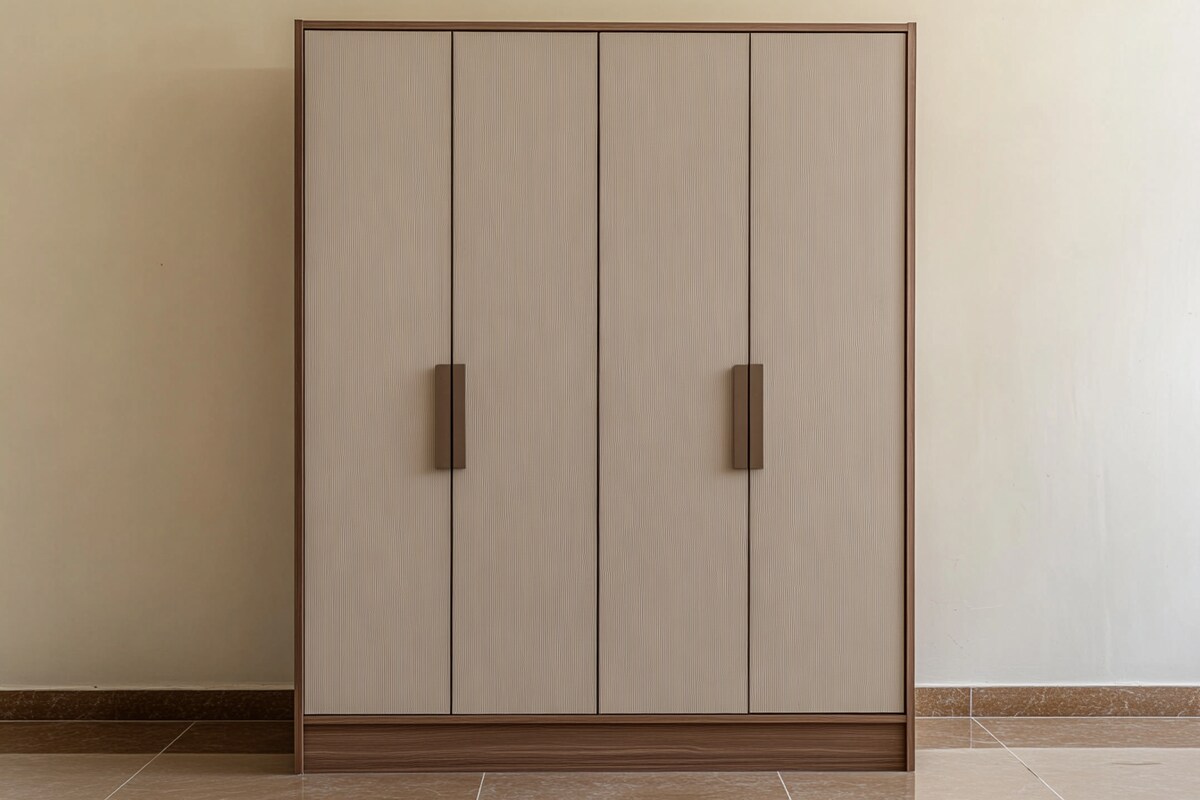 Contemporary 4-Door Swing Wardrobe Design with Textured Inserts